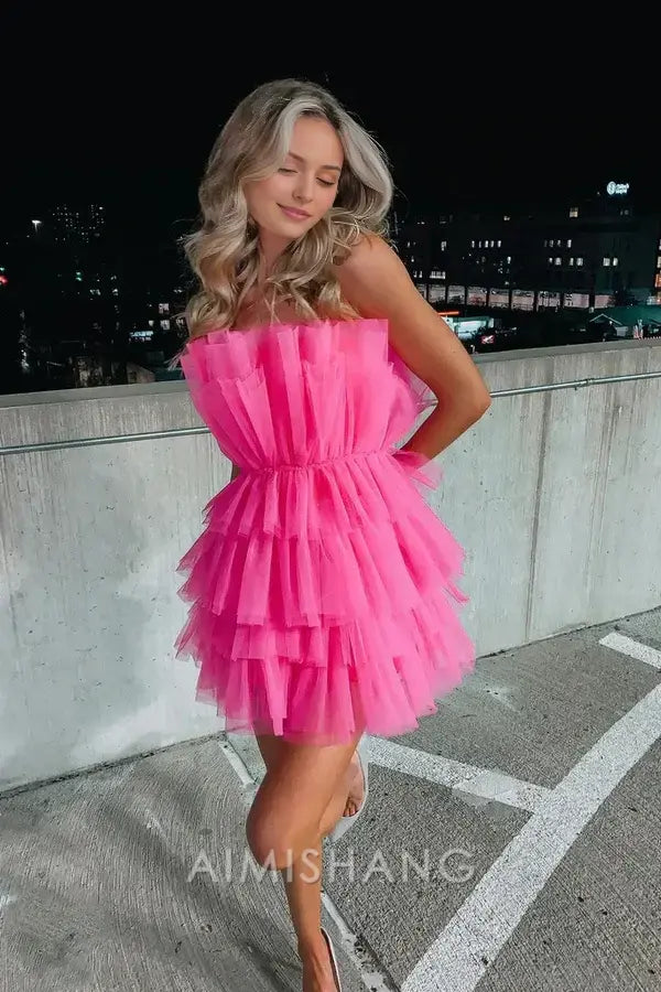 Aimishang Lovely Strapless Tiered Sleeveless Homecoming Dress Sweet Birthday Party Dress Short Prom Dress