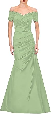 Aimishang Mermaid Mother of The Bride Dress Wedding Guest Elegant Vintage Off Shoulder V Neck Satin with Lace Ruched