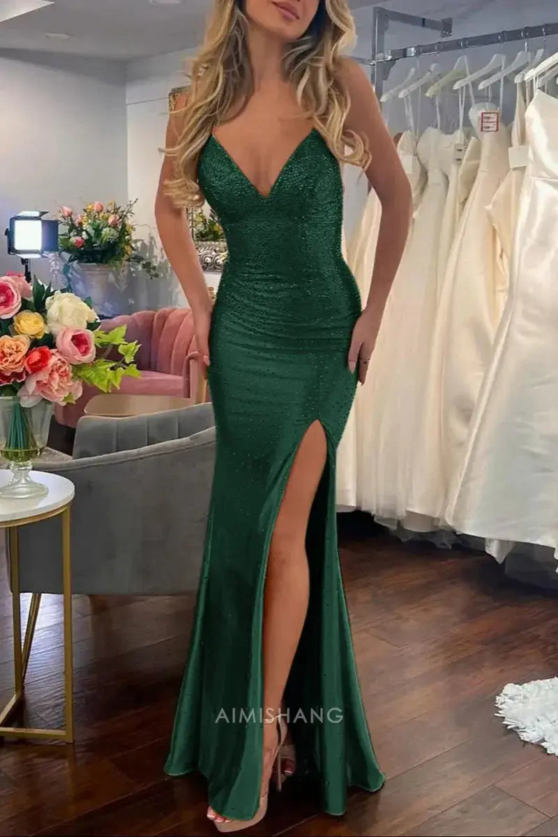Aimishang Mermaid V Neck Sleeveless Long Formal Prom Dress With Slit Charming Evening Gown Sexy Party Dress