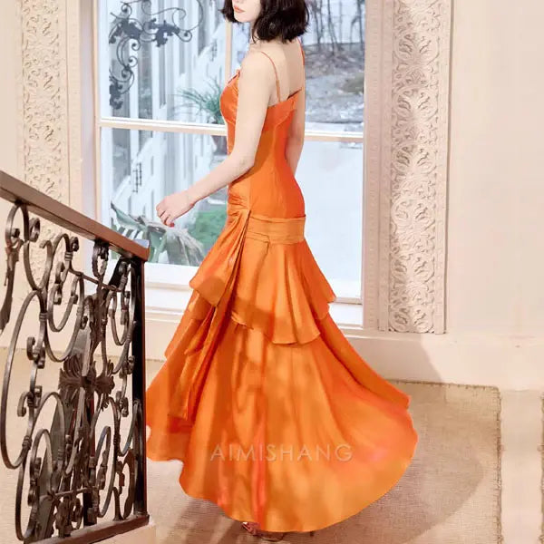 Aimishang Elegant Ruffled Tiered Maxi Dress Long Prom Dress Charming Evening Party Dress Orange Women's Dresses