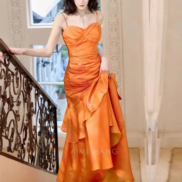 Aimishang Elegant Ruffled Tiered Maxi Dress Long Prom Dress Charming Evening Party Dress Orange Women's Dresses