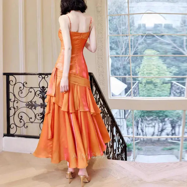 Aimishang Elegant Ruffled Tiered Maxi Dress Long Prom Dress Charming Evening Party Dress Orange Women's Dresses