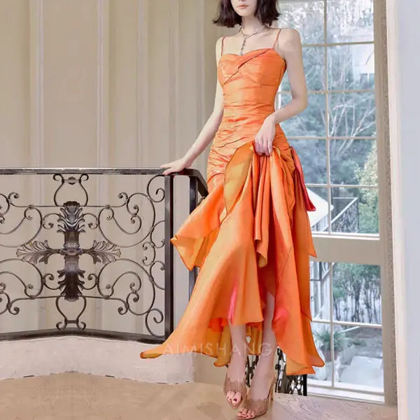 Aimishang Elegant Ruffled Tiered Maxi Dress Long Prom Dress Charming Evening Party Dress Orange Women's Dresses