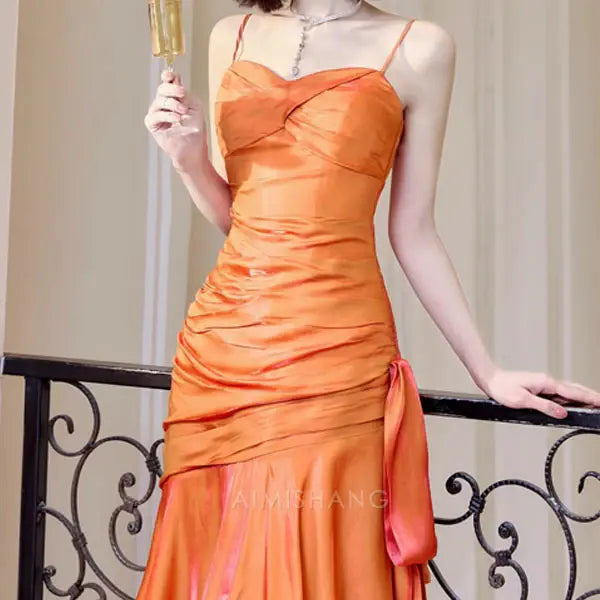 Aimishang Elegant Ruffled Tiered Maxi Dress Long Prom Dress Charming Evening Party Dress Orange Women's Dresses