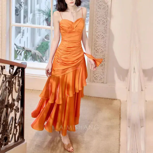 Aimishang Elegant Ruffled Tiered Maxi Dress Long Prom Dress Charming Evening Party Dress Orange Women's Dresses