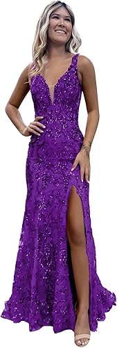 Women's Sparkly Sequin Mermaid Prom Dresses for Teens V Neck Long Formal Evening Party Dresses with Slit Wholesale