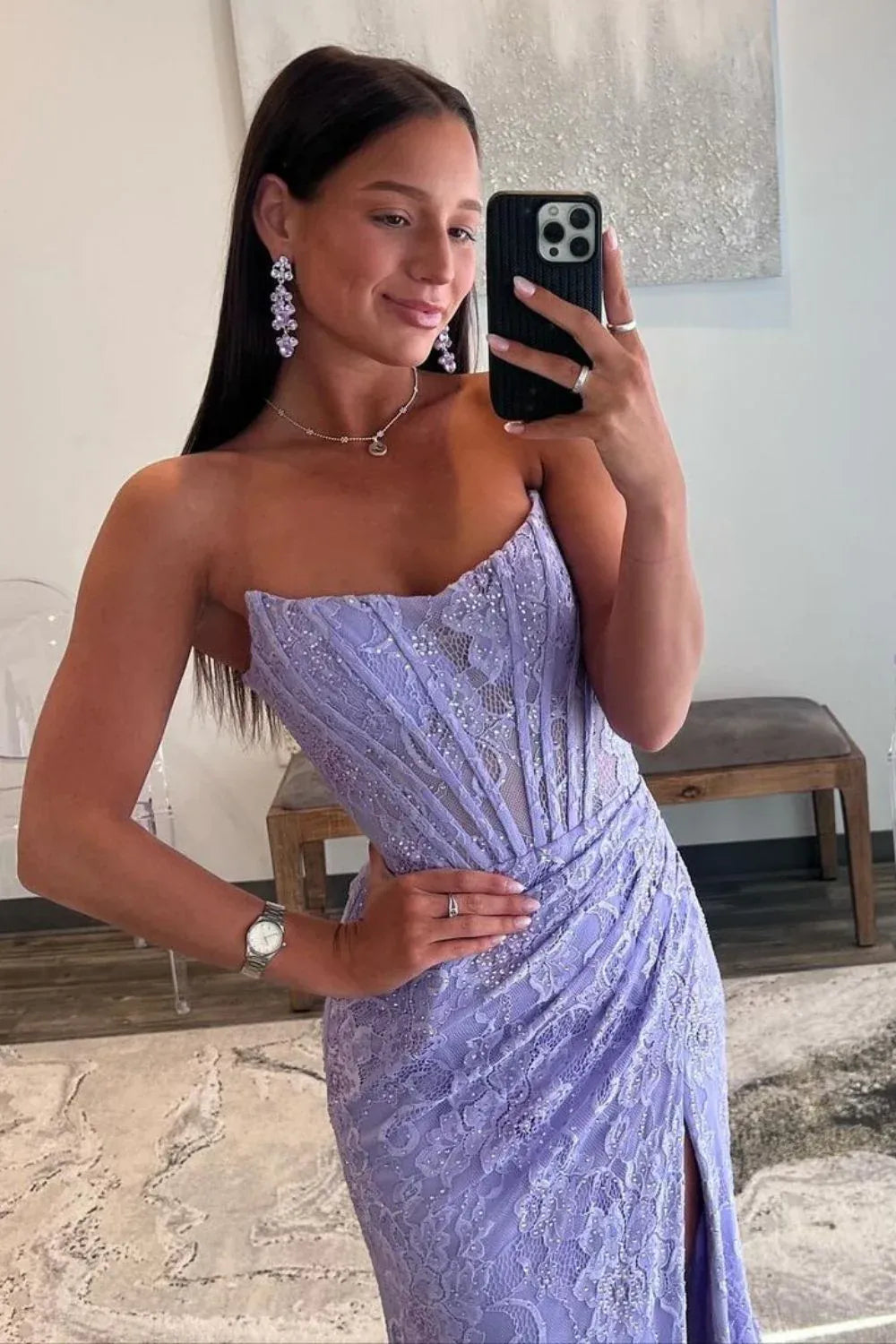 Aimishang Mermaid Strapless Sweep Train Lace Prom Dress Charming Evening Party Dress With Slit