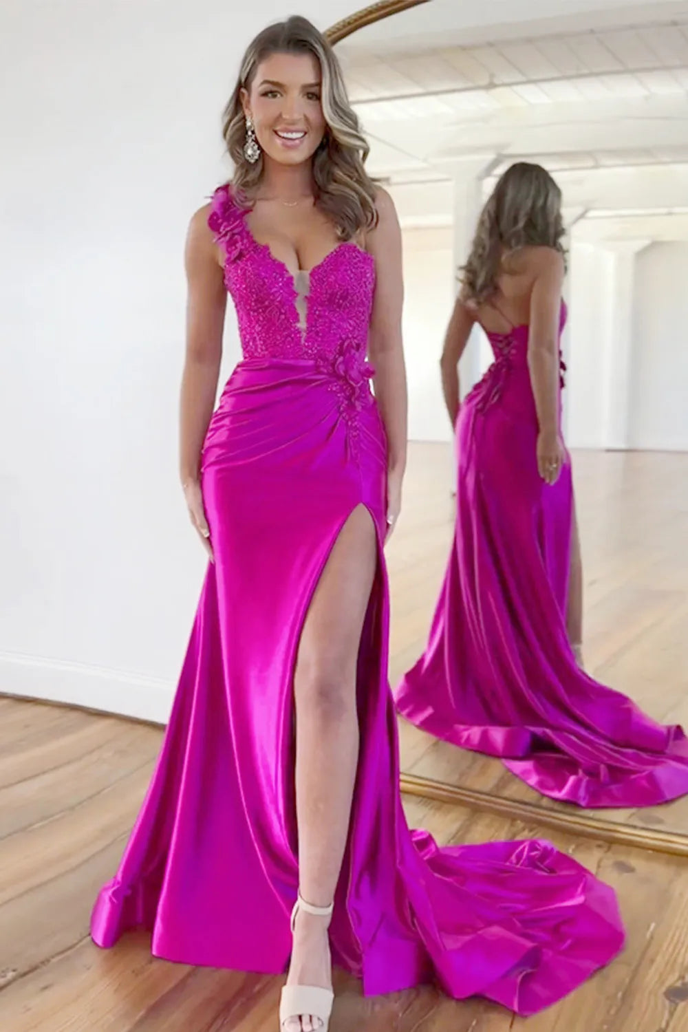 Aimishang Prom Dress Mermaid One Shoulder Lace Up Satin With Split