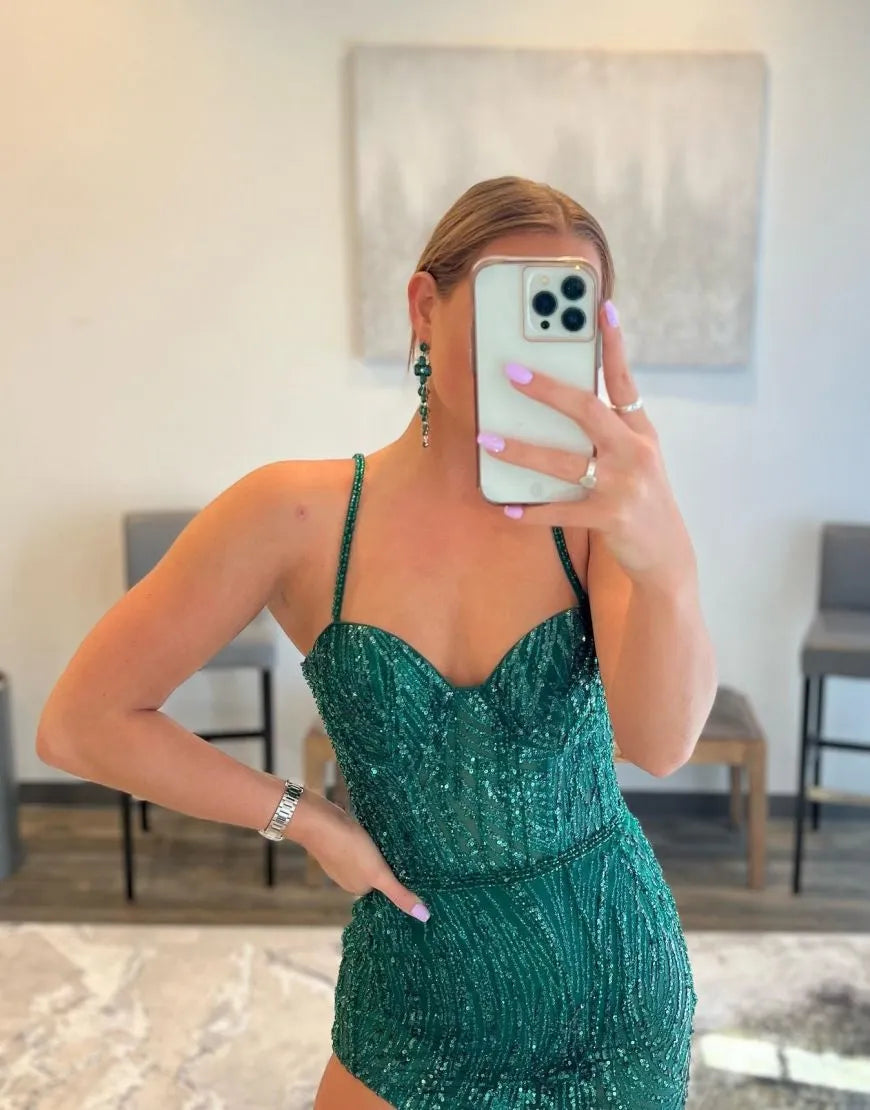 Aimishang Sexy Sheath Spaghetti Straps Sequin Prom Dress