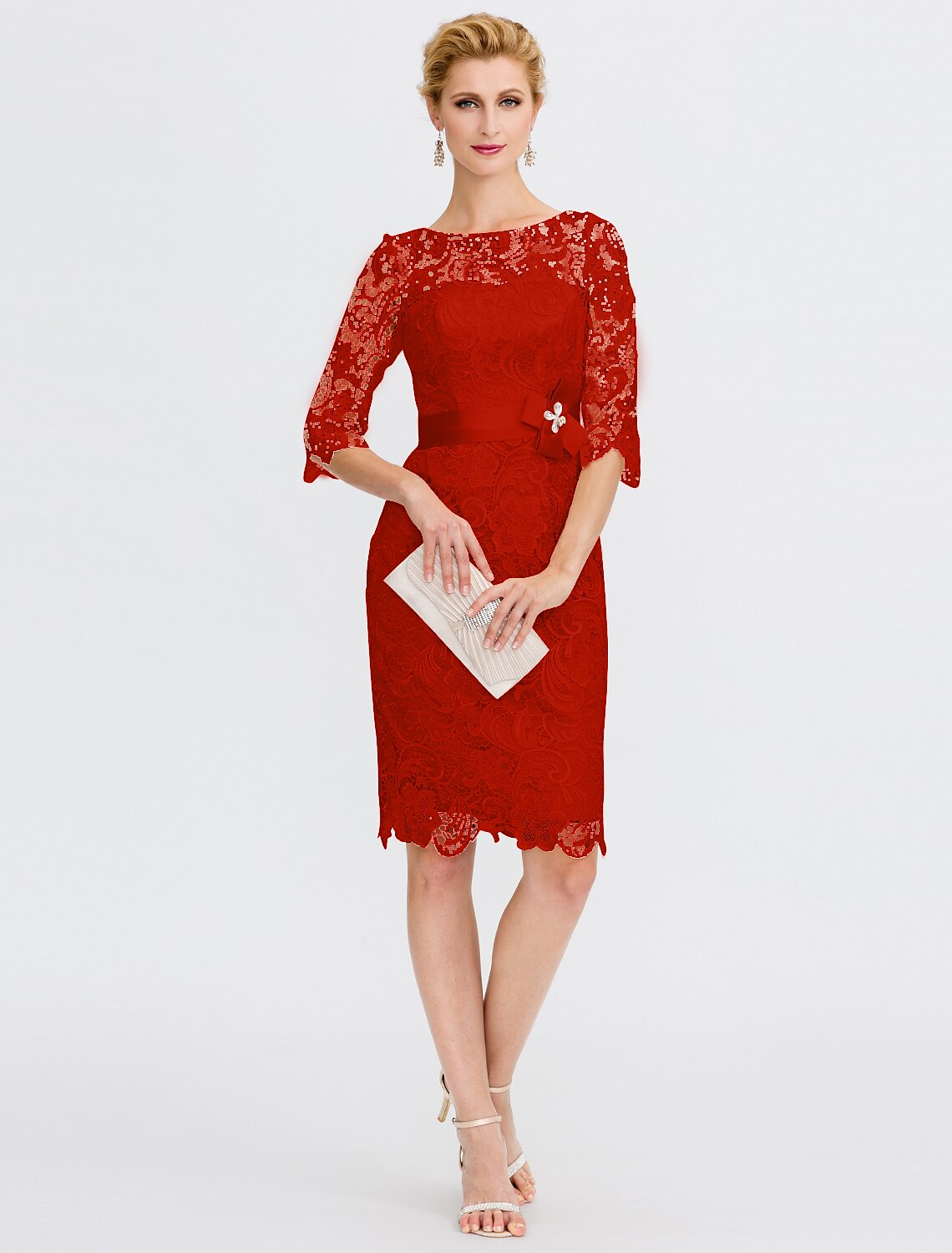 Aimishang Sheath / Column Mother of the Bride Dress Formal Wedding Guest Plus Size Elegant Illusion Neck Knee Length All Over Lace 3/4 Length Sleeve with Bow(s)