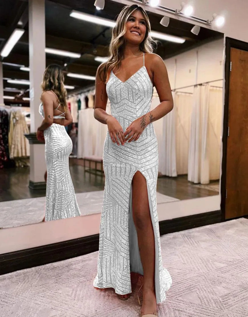 Aimishang Prom Party Dress Sparkly Sequin Glitter With Split