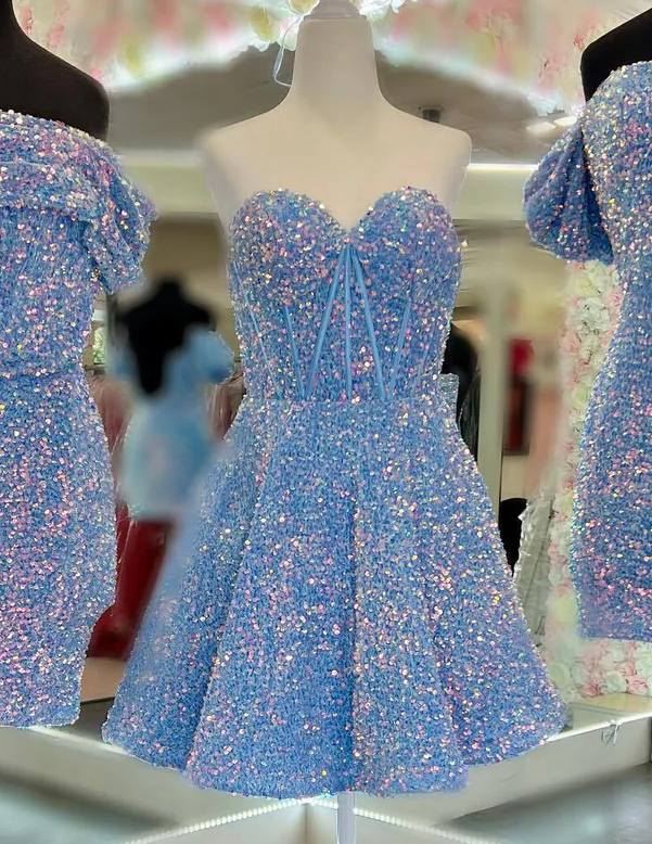 Aimishang Sparkly A Line Strapless Sequin Homecoming Dress Lovely Graduation Dress Charming Short Birthday Party Dress