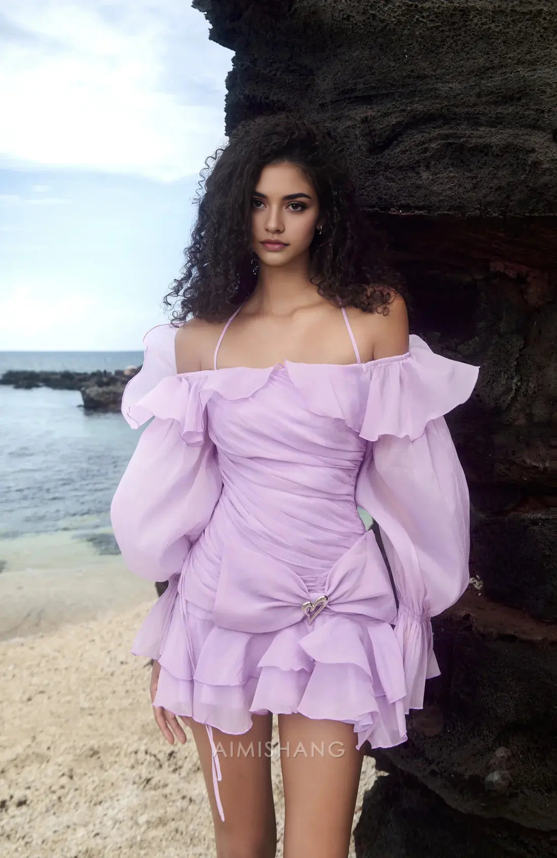 Aimishang Sweet A Line Halter Long Sleeves Homecoming Dress Lovely Birthday Party Dress Short Summer Holiday Mini Dress