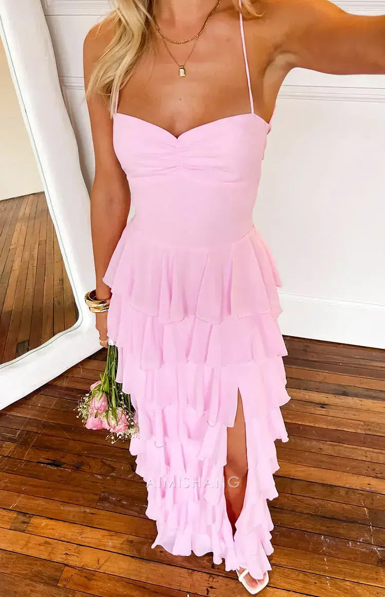 Aimishang Sweet A Line Spaghetti Straps Long Formal Prom Dress With Slit Elegant Evening Party Gown Charming Graduation Dress