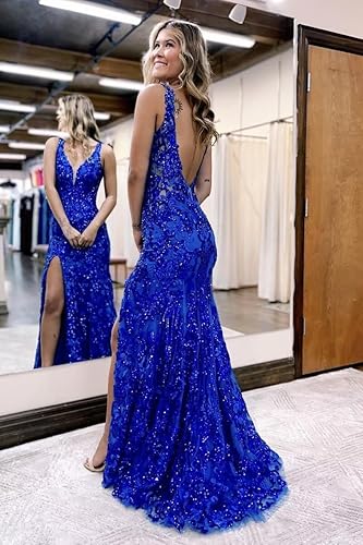 Women's Sparkly Sequin Mermaid Prom Dresses for Teens V Neck Long Formal Evening Party Dresses with Slit Wholesale