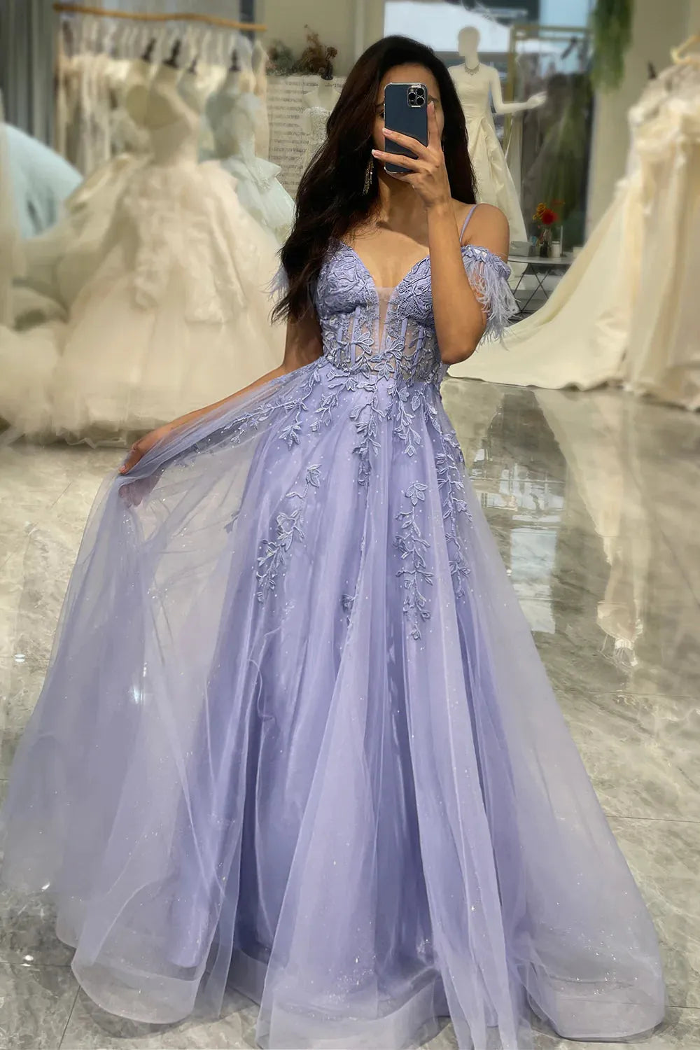 Aimishang Prom Dress A Line Feather Off The Shoulder Tulle With Appliques