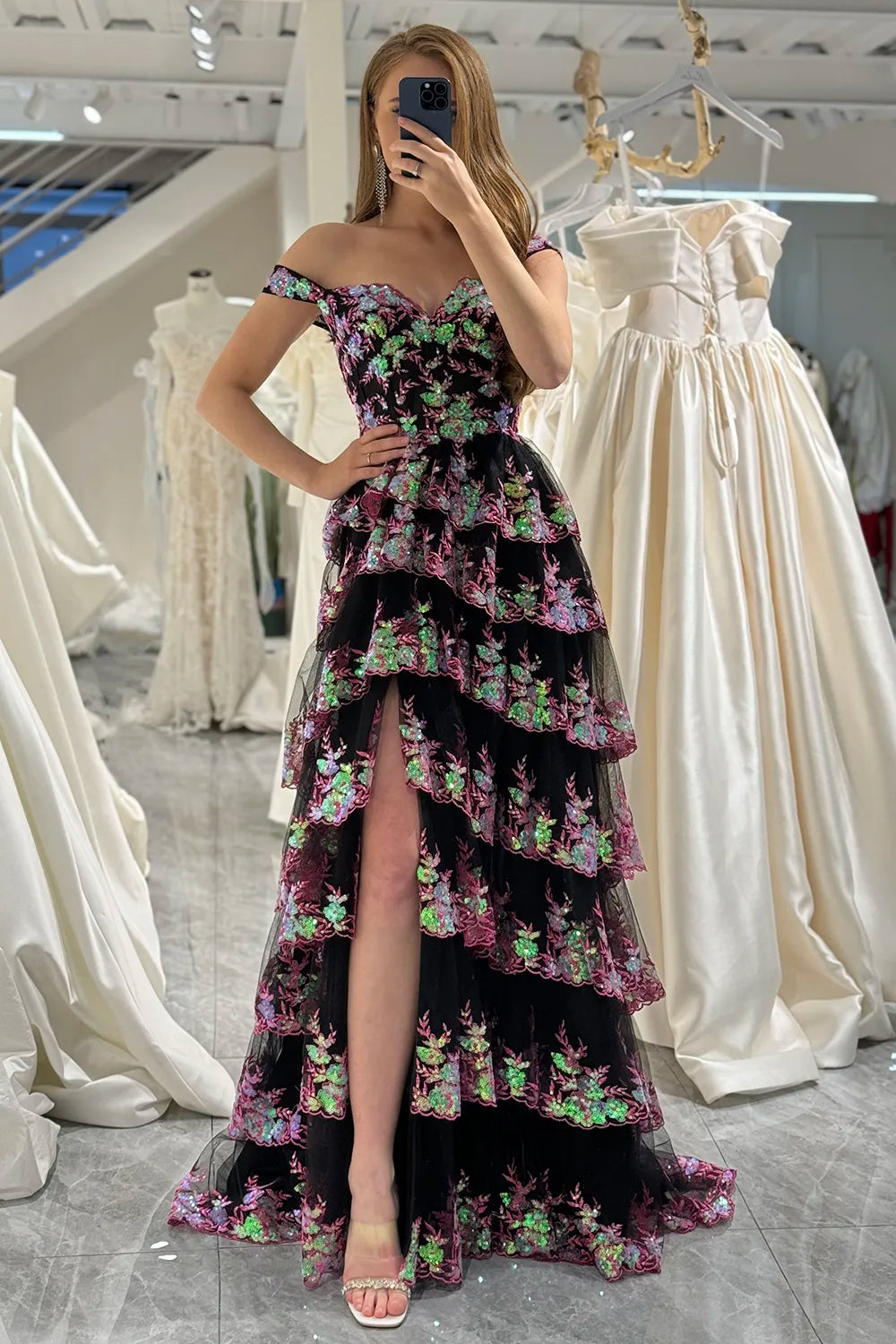 Aimishang Gorgeous A-Line Off The Shoulder Tiered Long Prom Dress With Split Charming Evening Party Dress