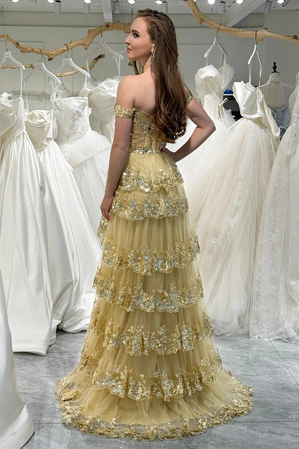 Aimishang A-Line Off The Shoulder Long Prom Dress with Sequin Charming Evening Party Dress