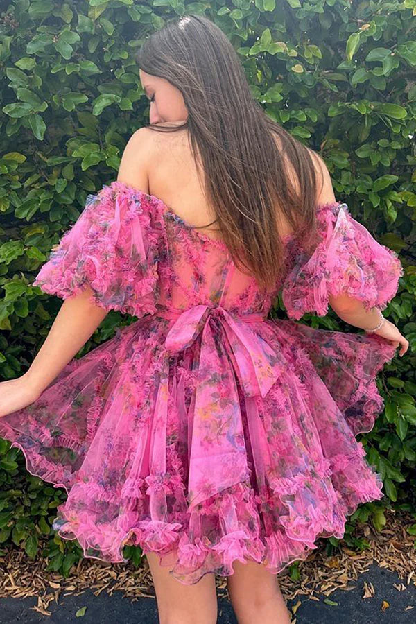 Aimishang A Line Prom Dresses Off the Shoulder Printed Homecoming Dress
