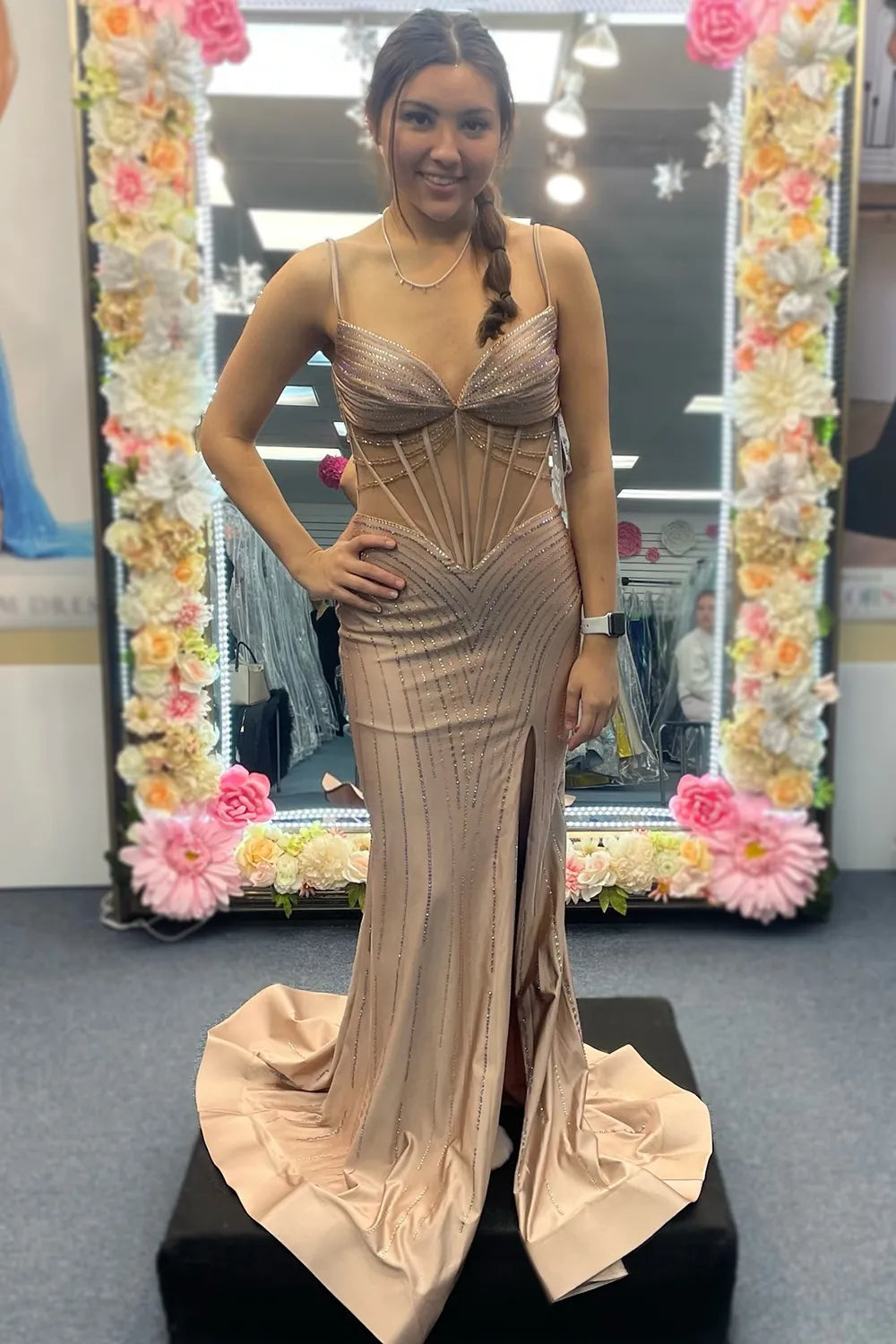 Aimishang Prom Dress Mermaid Glitter Spaghetti Straps Corset with Beading And Slit