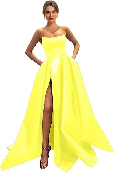 Womens Long Strapless Satin Prom Dress Sleeveless Slit Evening Ball Gown Off Shoulder Party Dress Wholesale