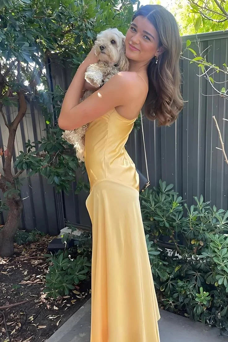 Aimishang Yellow Spaghetti Straps Long Prom Dress With Slit Charming Evening Dress Simple Birthday Party Dress