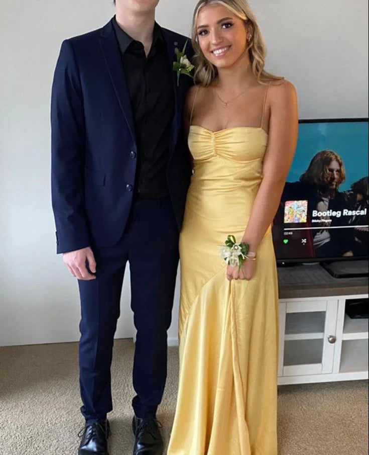 Aimishang Yellow Spaghetti Straps Long Prom Dress With Slit Charming Evening Dress Simple Birthday Party Dress