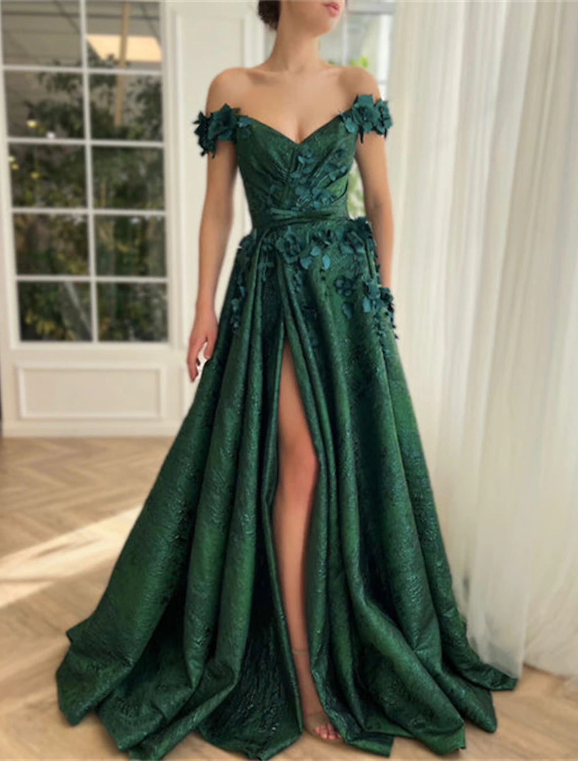 Aimishang A-Line Prom Dresses Floral Dress Wedding Guest Wedding Party Court Train Sleeveless Off Shoulder Satin with Slit Appliques