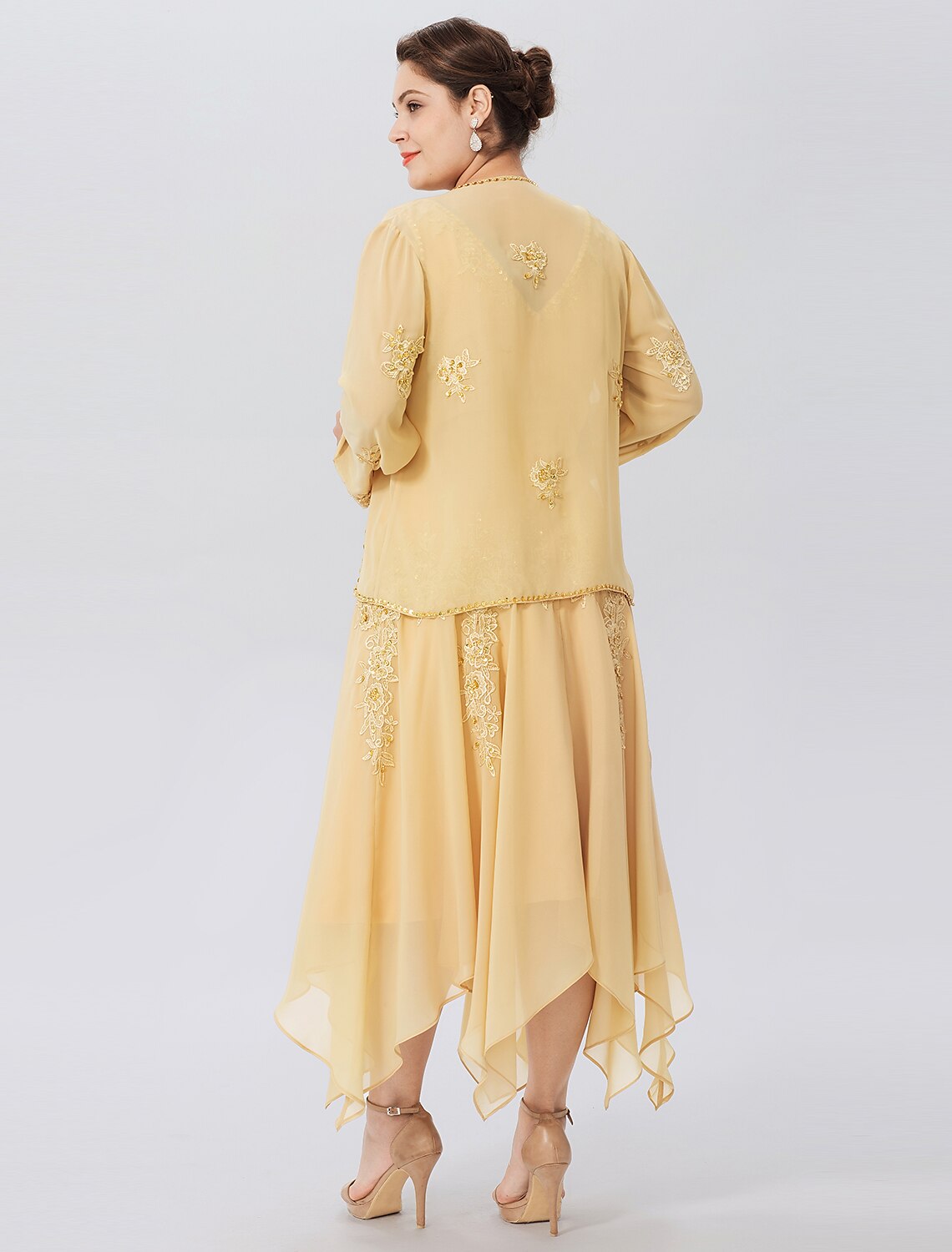 Aimishang A-Line Mother of the Bride Dress Formal Plus Size Elegant High Low V Neck Asymmetrical Chiffon Beaded Lace Long Sleeve Wrap Included with Beading Appliques