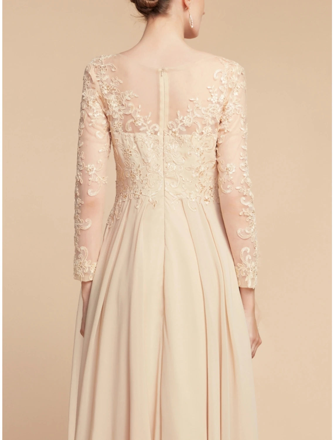 Aimishang A-Line Mother of the Bride Dress Wedding Guest Elegant Jewel Neck Ankle Length Chiffon Lace Long Sleeve with Ruching Solid Color