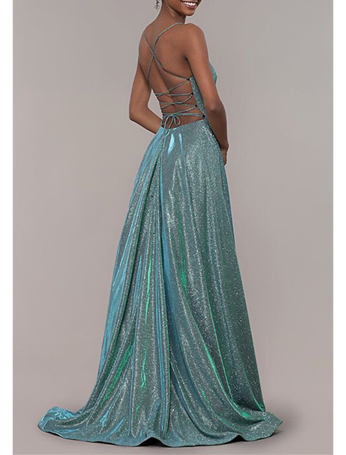 Aimishang A-Line Prom Dresses Glittering Dress Formal Wedding Guest Court Train Sleeveless Spaghetti Strap Lurex Fabric with Slit