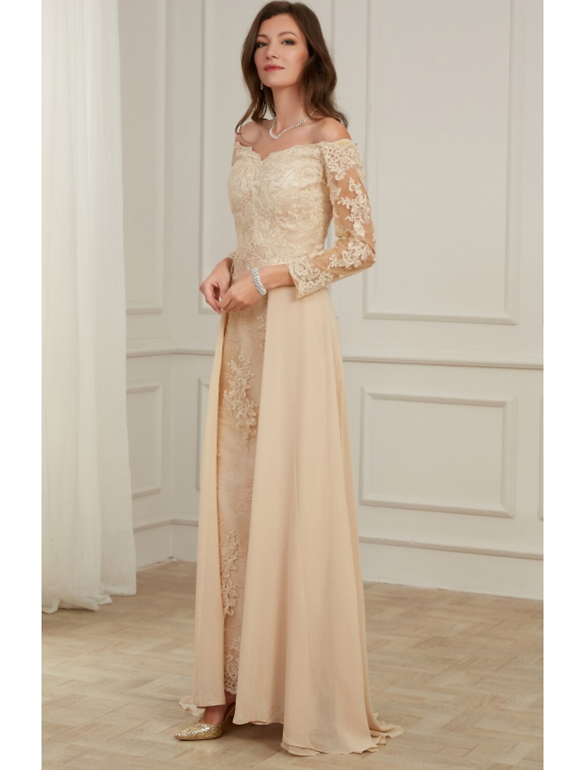 Aimishang A-Line Evening Gown Elegant Dress Wedding Guest Formal Evening Floor Length Long Sleeve Off Shoulder Polyester with Overskirt Appliques