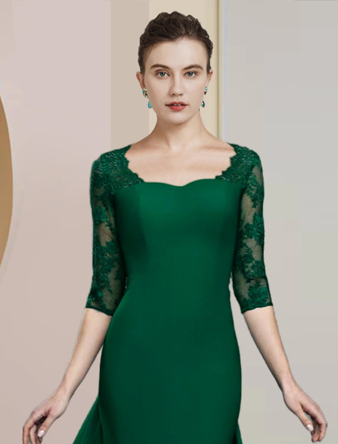 Aimishang Sheath / Column Mother of the Bride Dress Formal Wedding Guest Elegant Scoop Neck Floor Length Chiffon Lace Half Sleeve with Appliques