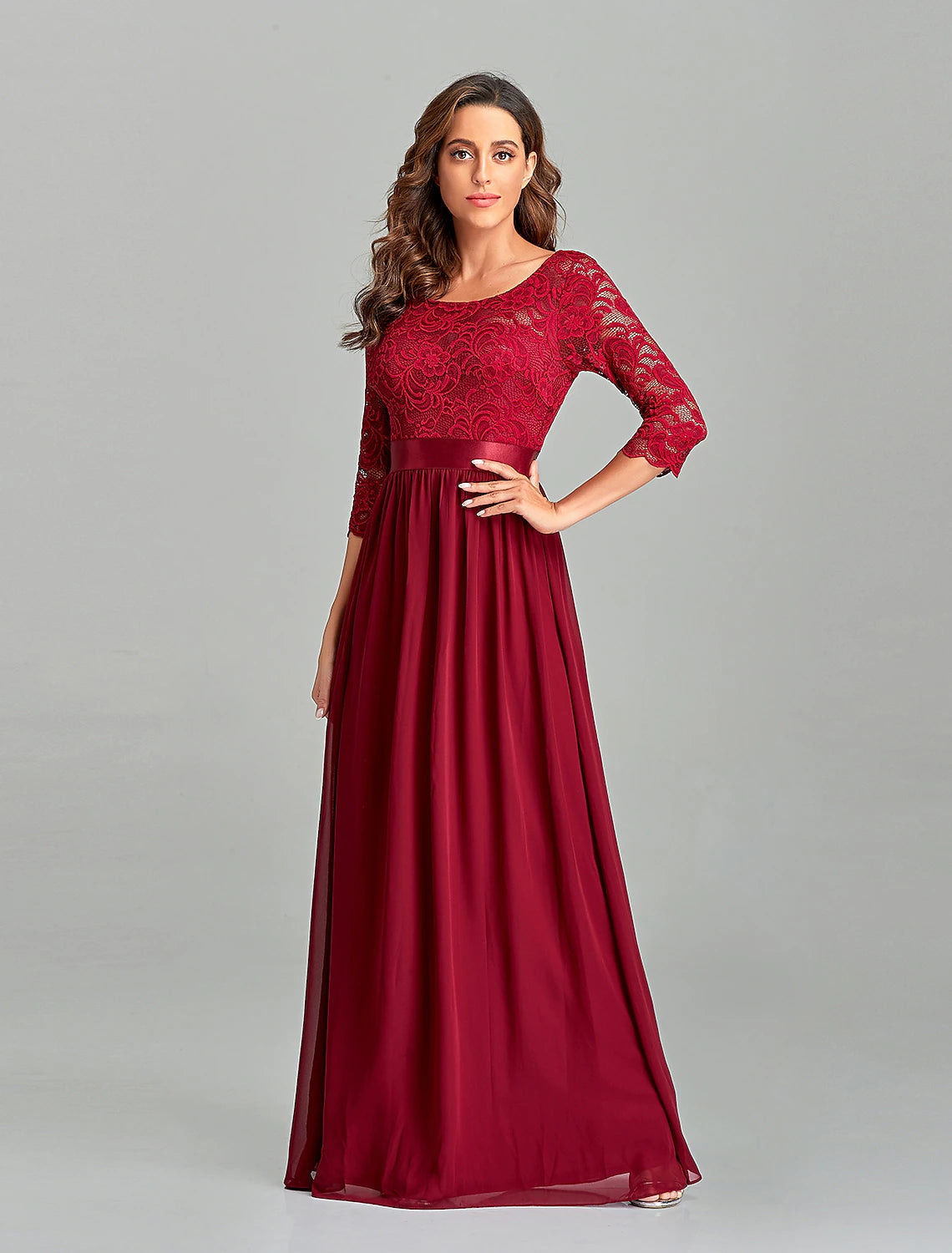 Aimishang A-Line Evening Gown Beautiful Back Dress Prom Formal Evening Floor Length Half Sleeve Jewel Neck Chiffon V Back with Lace