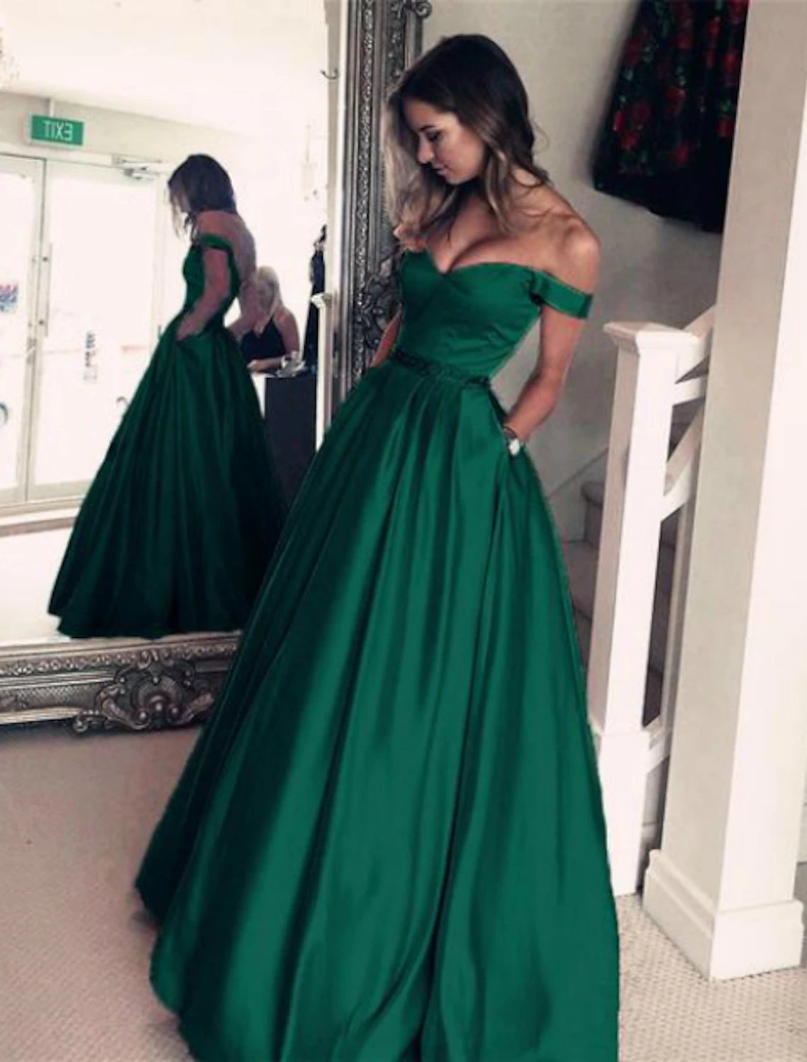 Aimishang Ball Gown Elegant Prom Formal Evening Dress Off Shoulder Backless Short Sleeve Floor Length Satin with Pleats Beading