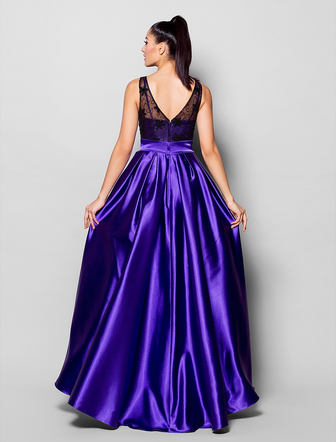 Aimishang A-Line Open Back See Through Formal Evening Dress Illusion Neck Sleeveless Asymmetrical Satin with Lace Sash / Ribbon Bow(s)