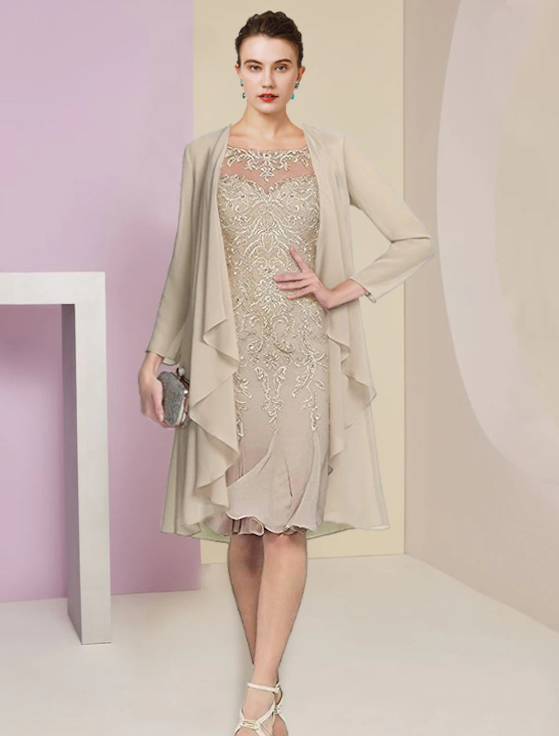 Aimishang Two Piece Mermaid / Trumpet Mother of the Bride Dress Formal Wedding Guest Vintage Elegant Scoop Neck Knee Length Chiffon Lace Half Sleeve Jacket Dresses with Pleats Appliques