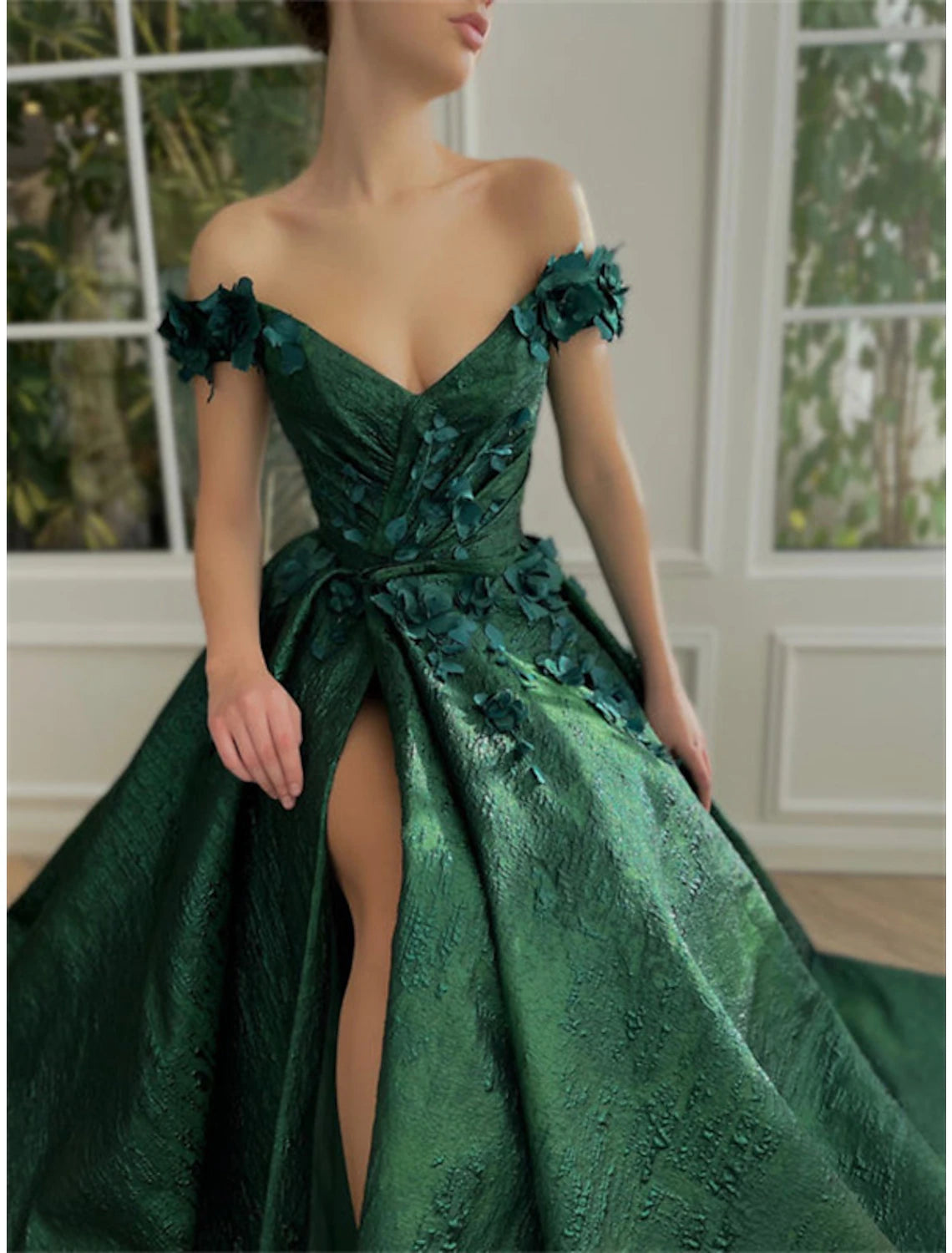 Aimishang A-Line Prom Dresses Floral Dress Wedding Guest Wedding Party Court Train Sleeveless Off Shoulder Satin with Slit Appliques