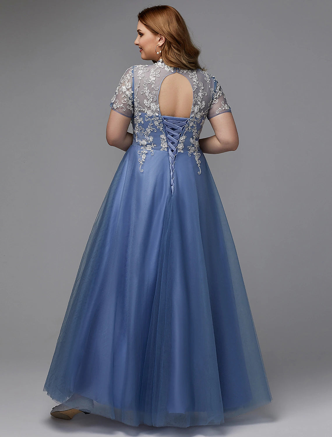 Aimishang A-Line Plus Size Dress Wedding Guest Floor Length Short Sleeve High Neck Lace Lace-up with Appliques