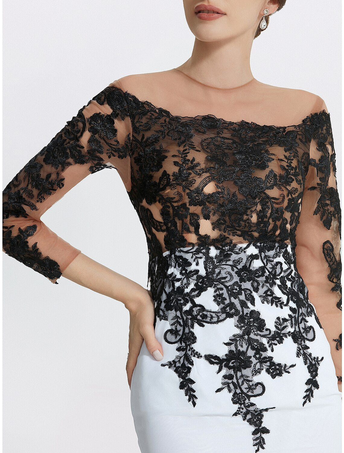 Aimishang Mermaid Evening Gown Elegant Black Dress Sweep / Brush Train Long Sleeve Jewel Neck Mother of the Bride Dresses with Appliques