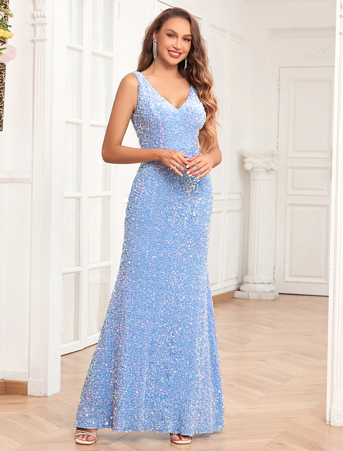 Aimishang Mermaid / Trumpet Evening Gown Elegant Dress Evening Party Prom Floor Length Sleeveless V Neck Bridesmaid Dress Sequined V Back with Sequin