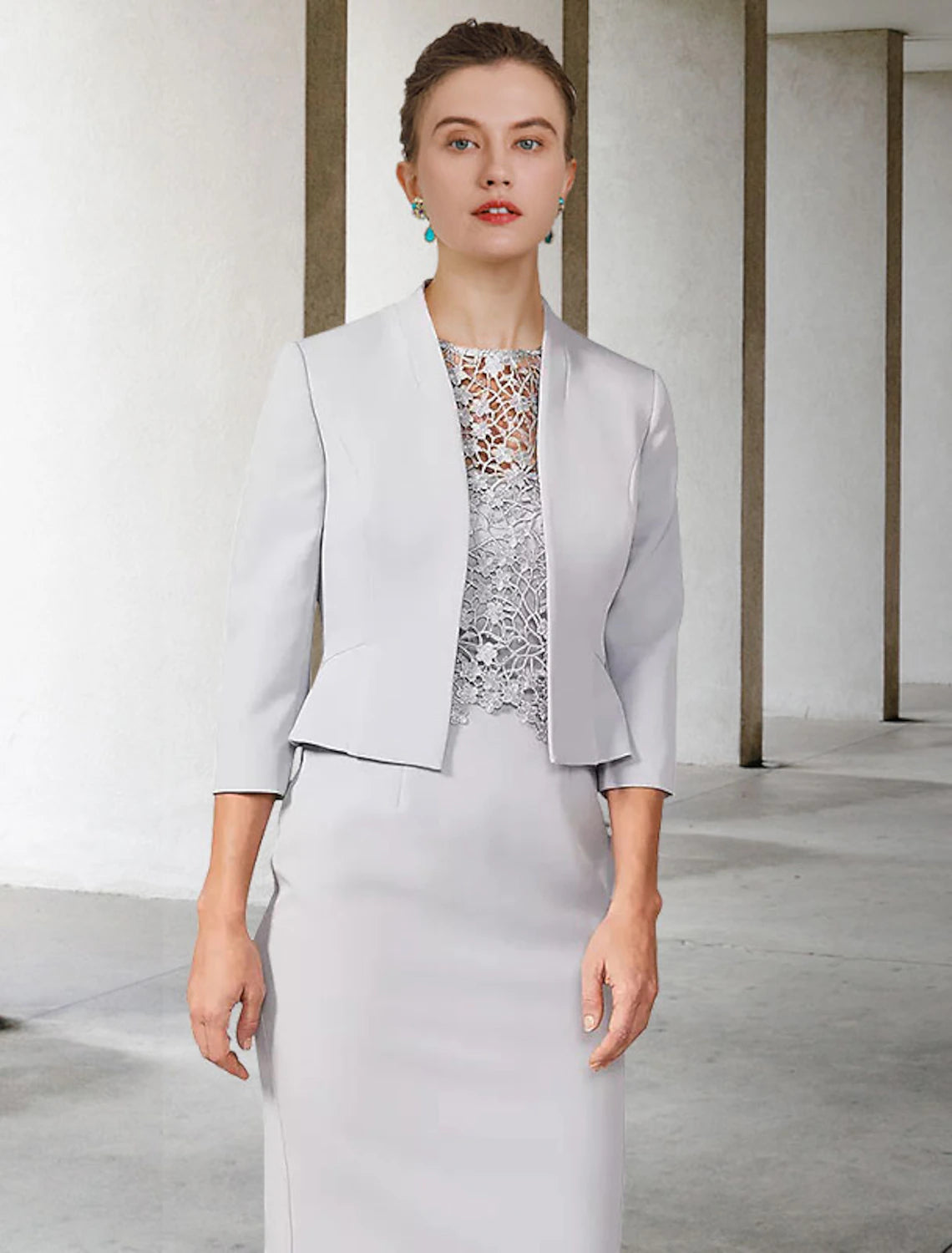 Aimishang Two Piece Sheath / Column Mother of the Bride Dress Church Elegant Jewel Neck Knee Length Chiffon Lace Short Sleeve Short Jacket Dresses with Appliques