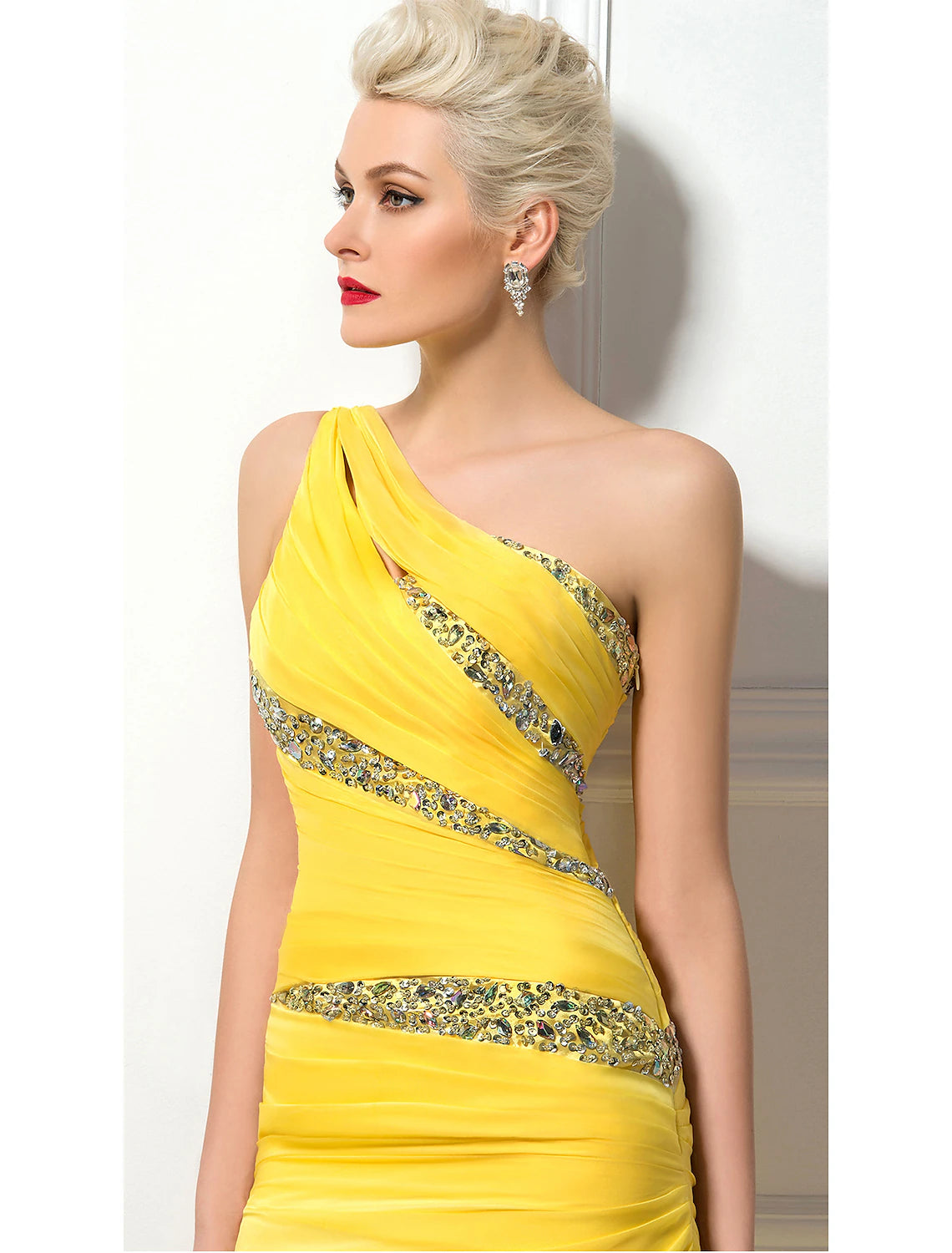 Aimishang Sheath / Column Sexy Engagement Formal Evening Dress One Shoulder Backless Sleeveless Sweep / Brush Train 30D Chiffon with Ruched Crystals Sequin