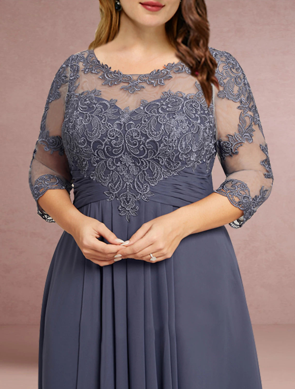 Aimishang Sheath / Column Mother of the Bride Dress Wedding Guest Elegant Jewel Neck Asymmetrical Chiffon Lace 3/4 Length Sleeve with Pleats Solid Color