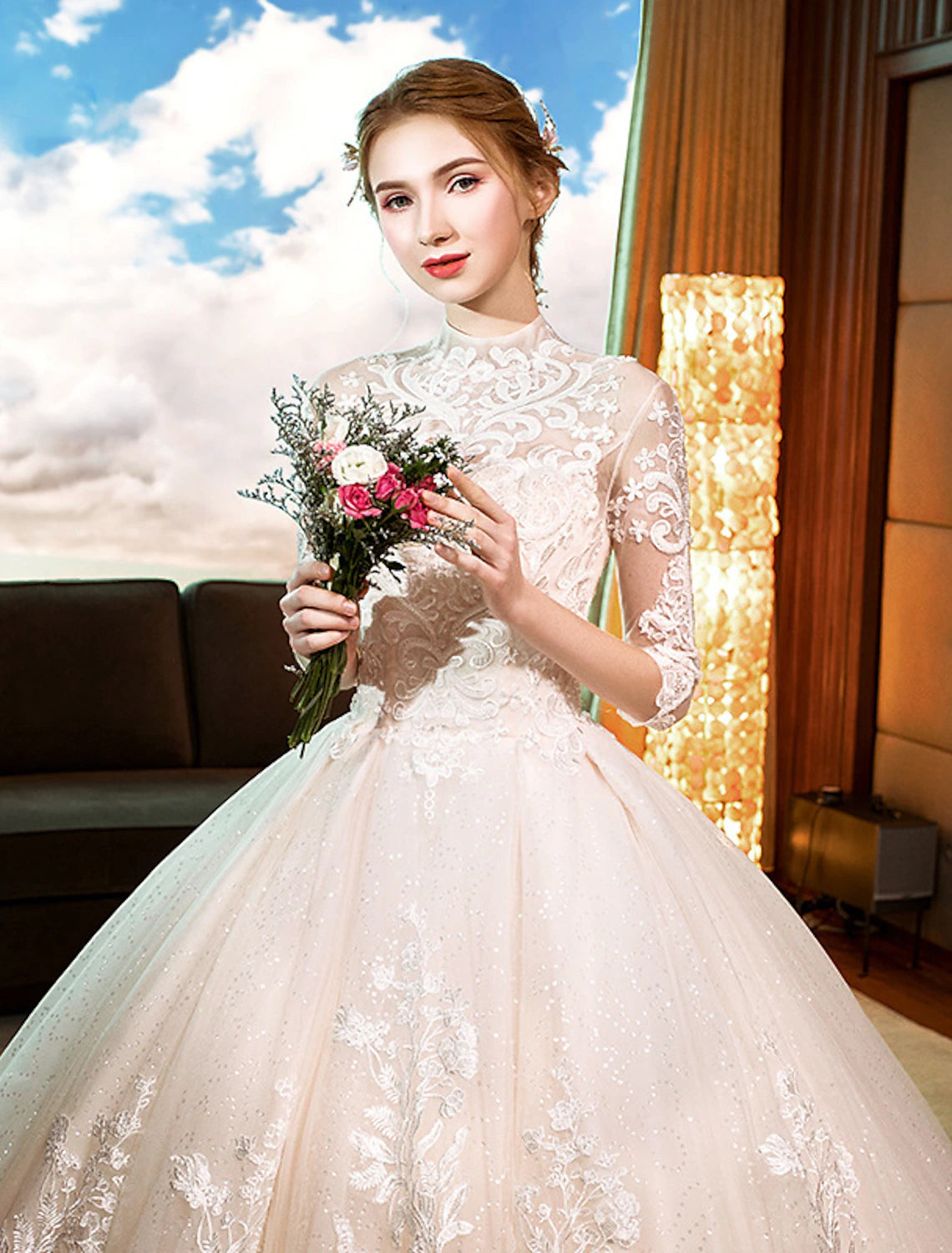 Aimishang Engagement Sparkle & Shine Formal Fall Wedding Dresses Ball Gown High Neck Long Sleeve Cathedral Train Lace Bridal Gowns With Appliques Summer Wedding Party