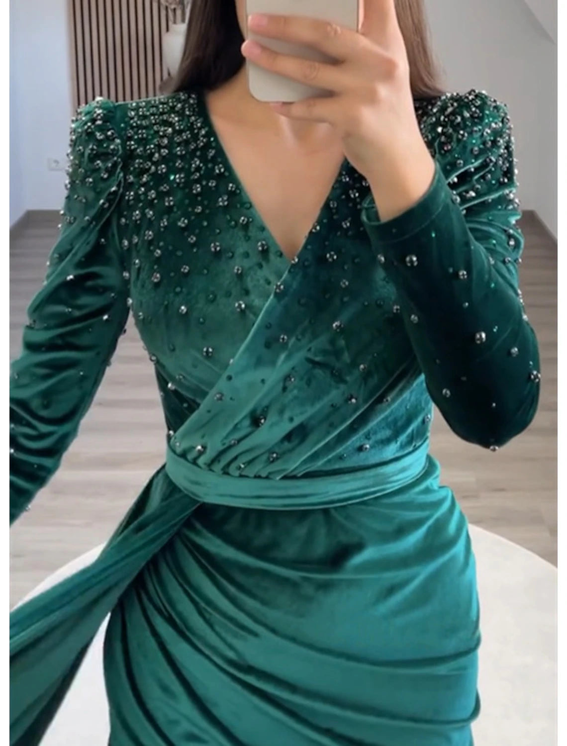 Aimishang Mermaid Party Dress Evening Gown Maxi Dress Formal Black Tie Gala Floor Length Long Sleeve V Neck Fall Wedding Guest Velvet with Ruched Pearls