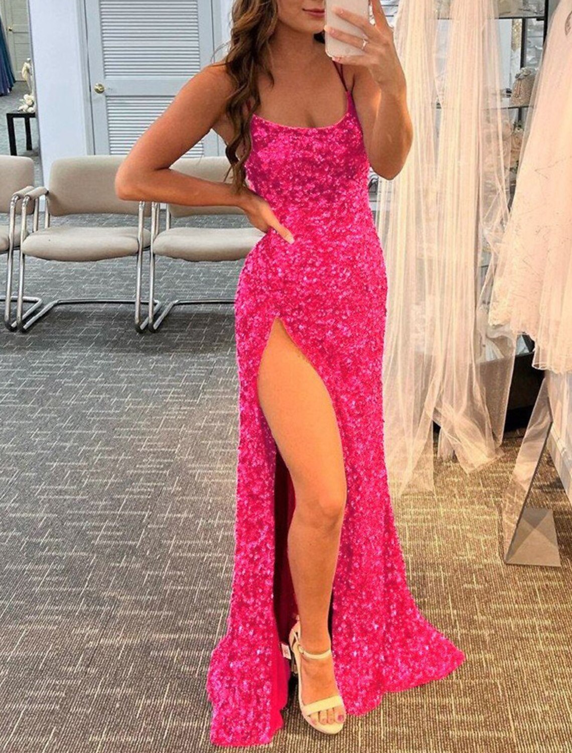 Aimishang  Mermaid / Trumpet Prom Dresses Sparkle & Shine Dress Party Wear Floor Length Sleeveless Spaghetti Strap Sequined with Sequin Slit