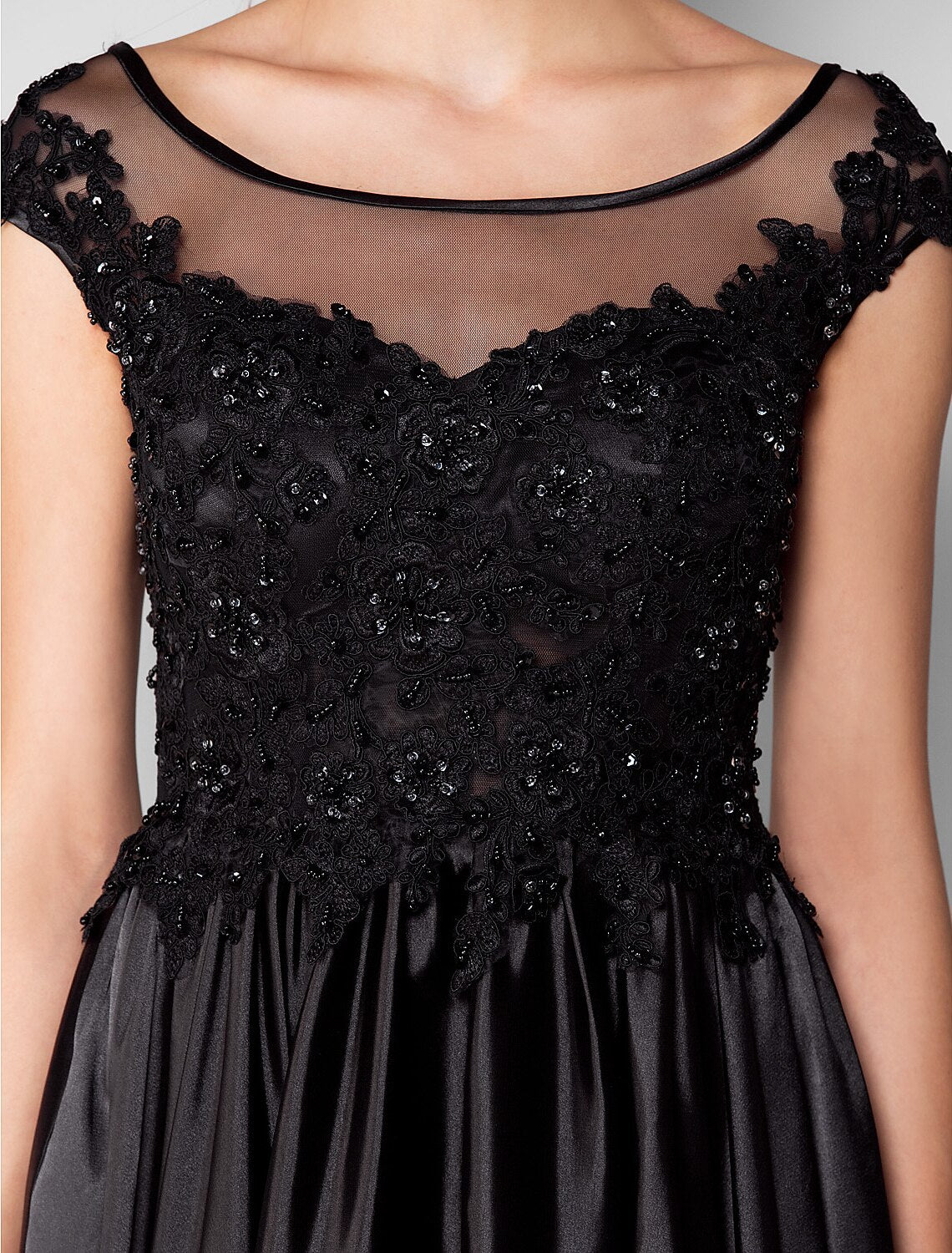 Aimishang Ball Gown Minimalist Formal Evening Dress Illusion Neck Short Sleeve Floor Length Satin with Beading Appliques