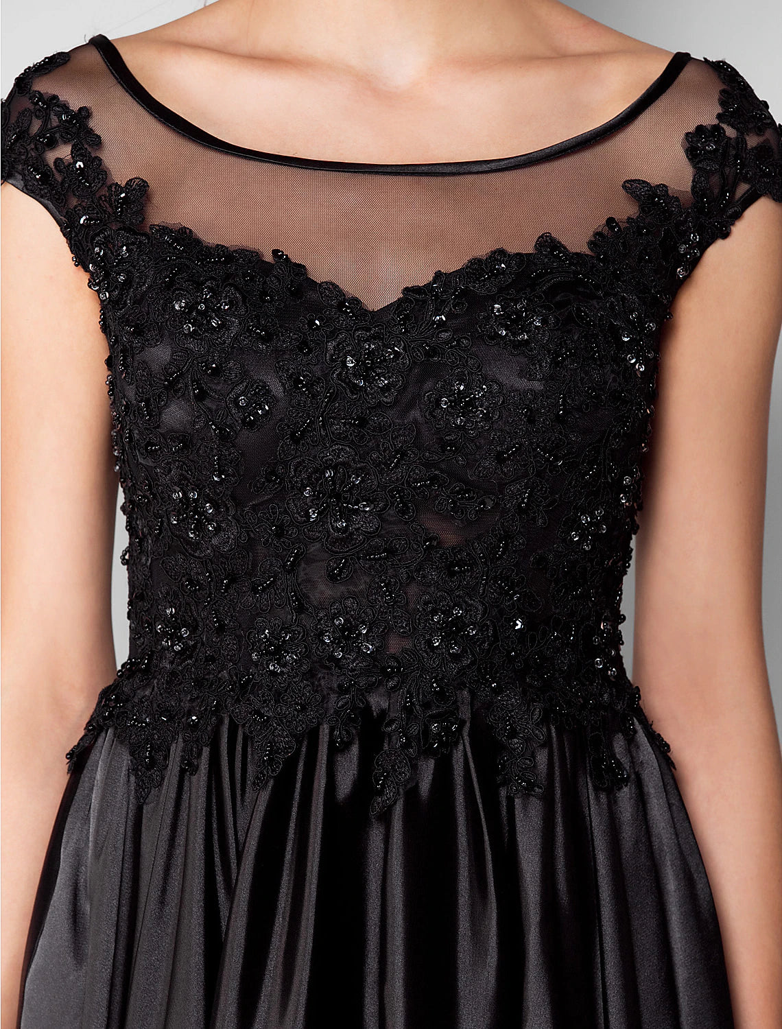 Aimishang Ball Gown Minimalist Formal Evening Dress Illusion Neck Short Sleeve Floor Length Satin with Beading Appliques