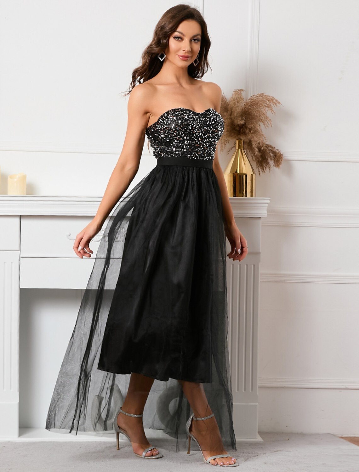 Aimishang A-Line Party Dresses Sparkle & Shine Dress Holiday Floor Length Sleeveless Strapless Sequined with Sequin
